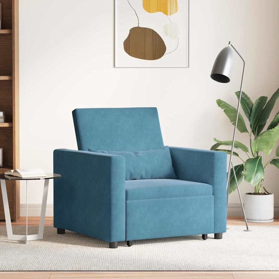 vidaXL Uittrekbaar slaapbank eenpersoons met wielen Blauw Fluweel afbeelding 1