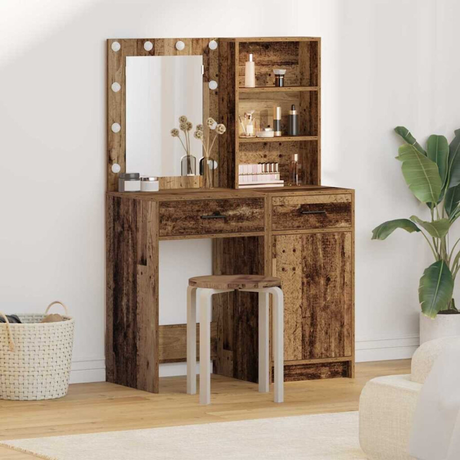 vidaXL Make-up tafel set met LED met lade 2 pcs Oudhout Bewerkt hout afbeelding 1