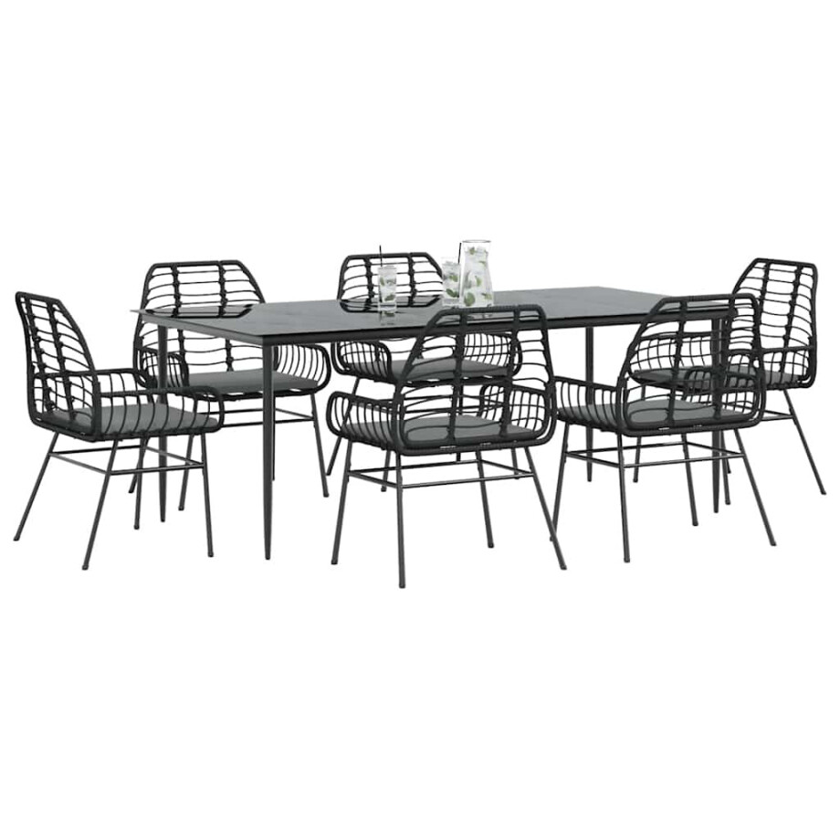 vidaXL 7-delige Tuinset met kussens poly rattan glas zwart afbeelding 1