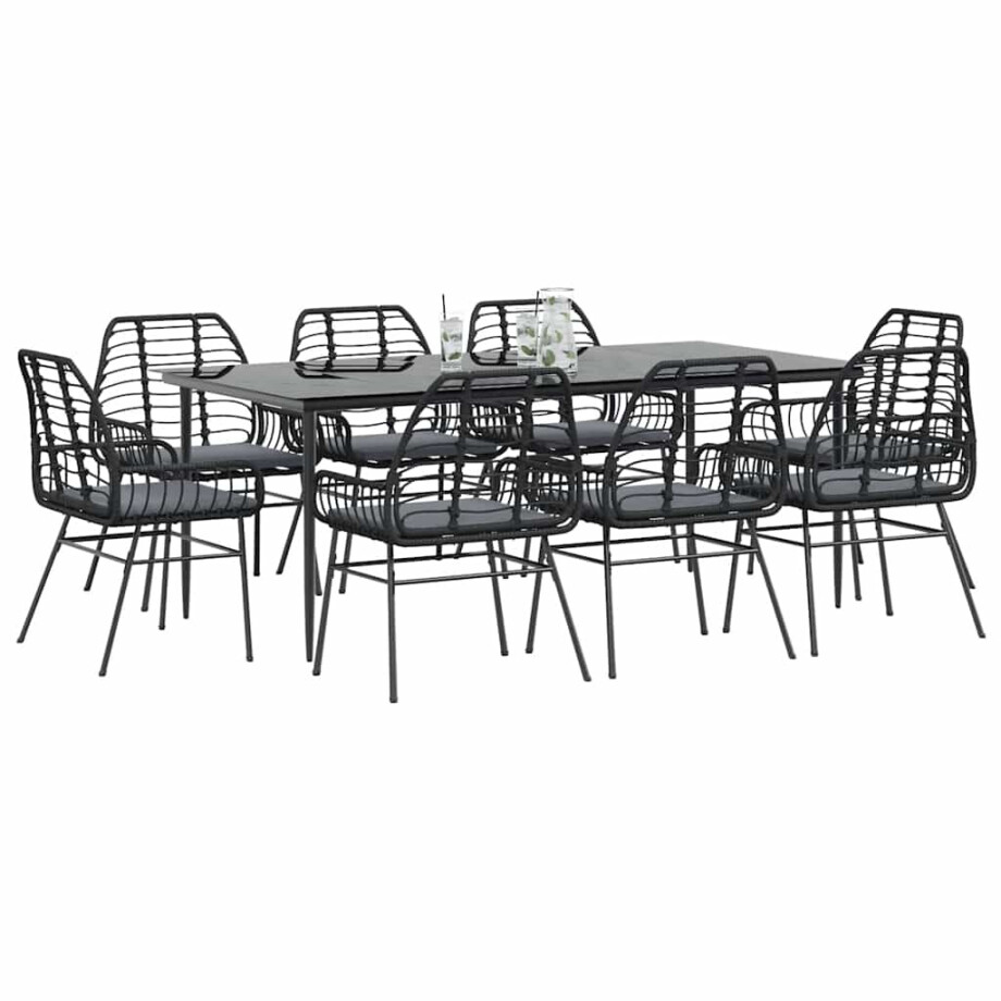 vidaXL 9-delige Tuinset met kussens poly rattan glas zwart afbeelding 1