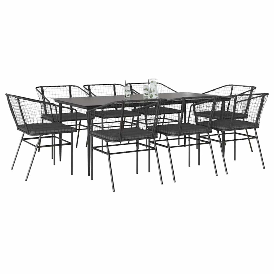 vidaXL 9-delige Tuinset met kussens poly rattan glas zwart afbeelding 1