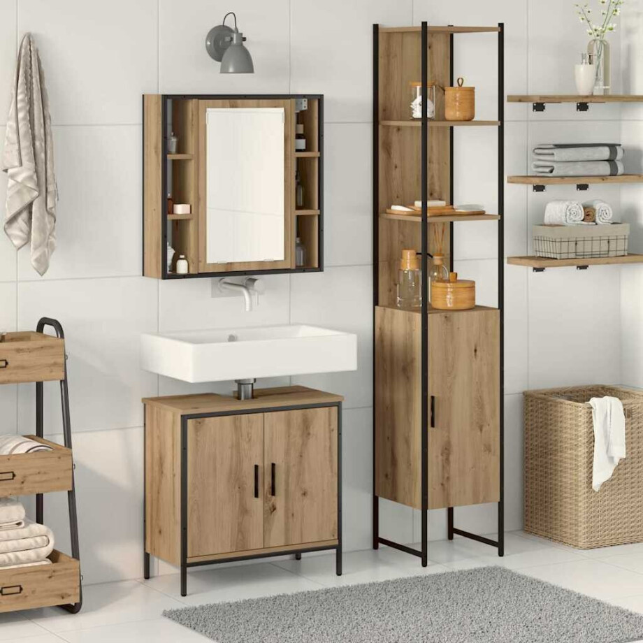 vidaXL Badkamermeubels met plank met opslag 3 pcs Bruin Bewerkt hout afbeelding 1