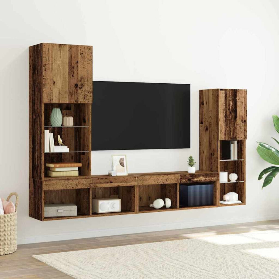 vidaXL TV-kast met LED-striplichten 4 pcs Oud hout Bewerkt hout afbeelding 1