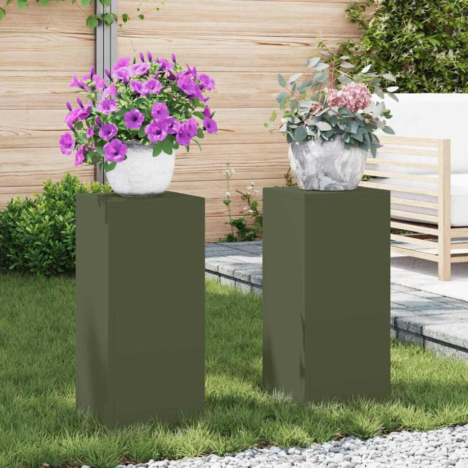 vidaXL Plantenstandaard 2 pcs Olijfgroen 24 x 24 x 55 cm Staal afbeelding 1