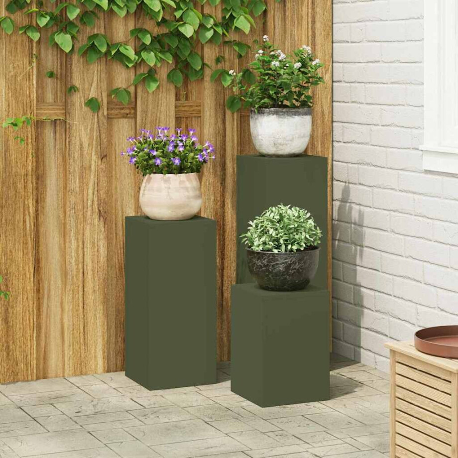 vidaXL Plantenstandaard 3 pcs Olijfgroen Staal afbeelding 1