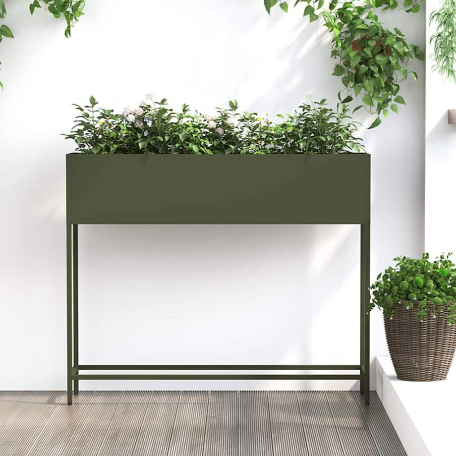 vidaXL Verhoogde Tuin Plantbak Olijfgroen 100 x 26 x 82 cm Staal afbeelding 1
