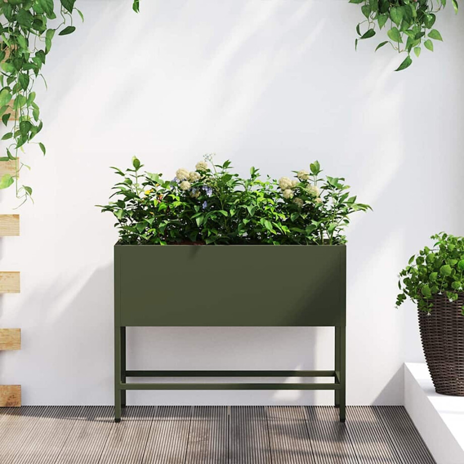 vidaXL Verhoogde Tuin Plantbak Olijfgroen 60 x 26 x 45 cm Staal afbeelding 1