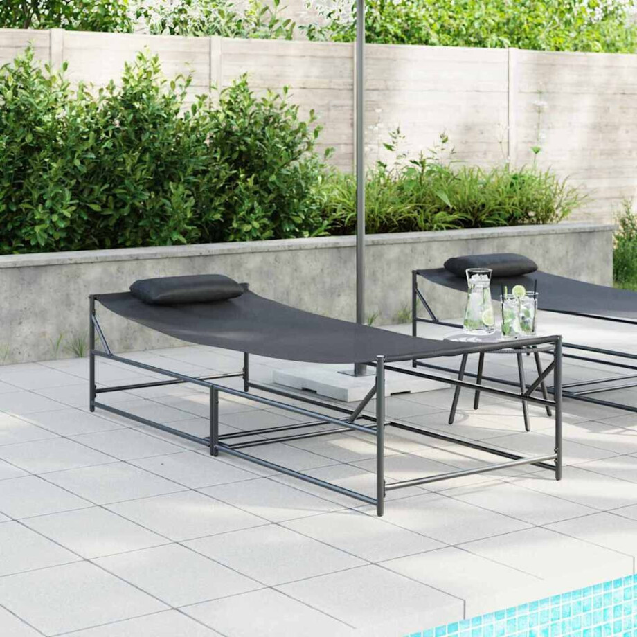 vidaXL Tuin Zonnebed met kussen 2 pcs Zwart Gepoedercoat staal afbeelding 1
