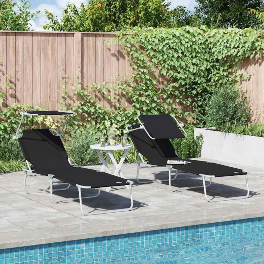 vidaXL Ligstoel 2 pcs Zwart 58 x 188 x 77cm Polyester afbeelding 1