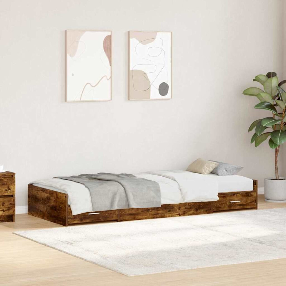 vidaXL Bedframe met hoofdeinde Gerookt eiken 90 x 200 cm Bewerkt hout afbeelding 1