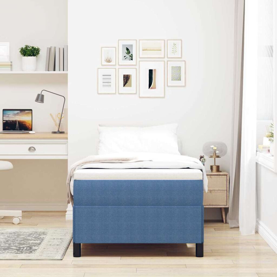vidaXL Boxspringbed Blauw 90 x 200 cm Katoen Stof afbeelding 1