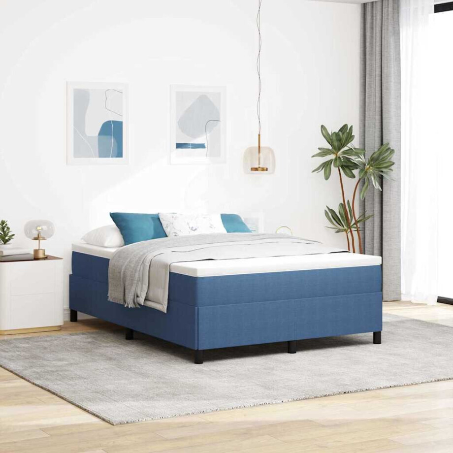 vidaXL Boxspringbed Blauw 140 x 190 cm Katoen Stof vidaXL Boxspringbed Blauw 140 x 190 cm Katoen Stof afbeelding 1