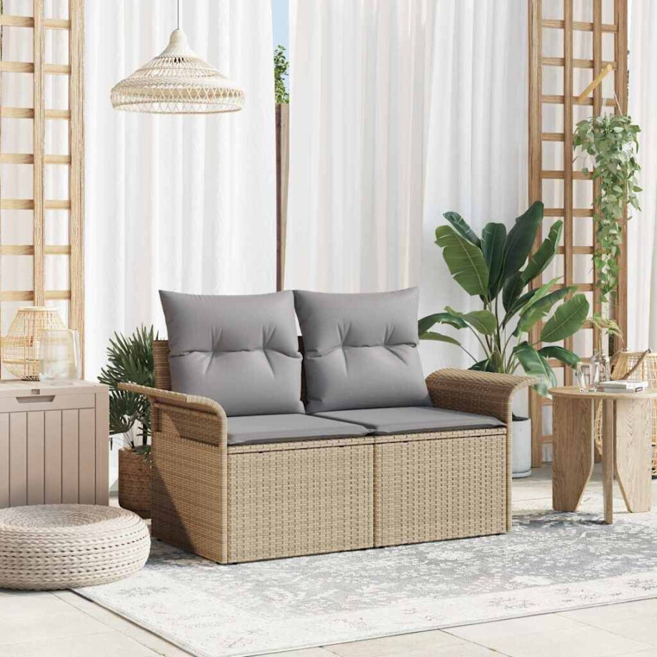 vidaXL Tuinbank met kussen Beige 141 x 62 x 69cm poly rattan afbeelding 1