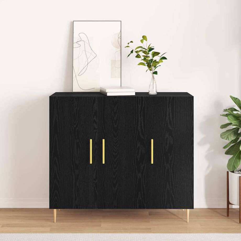 vidaXL Dressoir Zwart Eiken 90 x 34 x 80 cm Bewerkt hout afbeelding 1