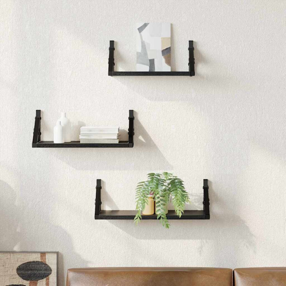 vidaXL Wandplank Wandgemonteerd met opslag 3 pcs Zwart Eiken vidaXL Wandplank Wandgemonteerd met opslag 3 pcs Zwart Eiken afbeelding 1