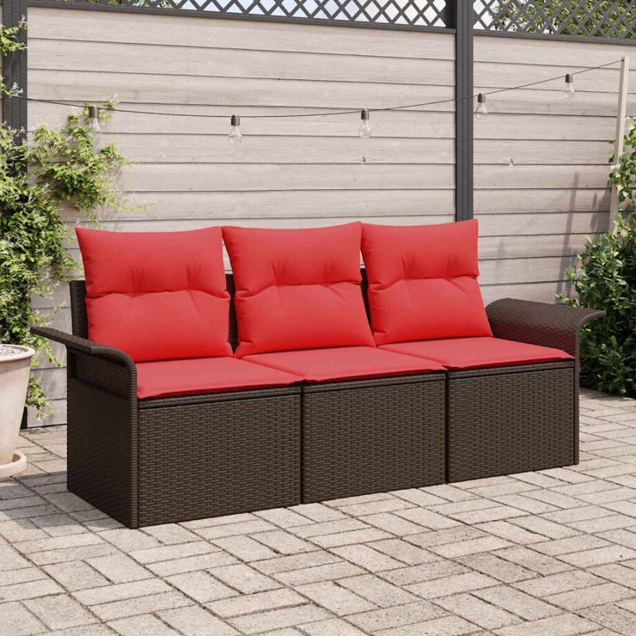 vidaXL Bankstel met kussen 3 pcs Bruin en Rood poly rattan vidaXL Bankstel met kussen 3 pcs Bruin en Rood poly rattan afbeelding 1
