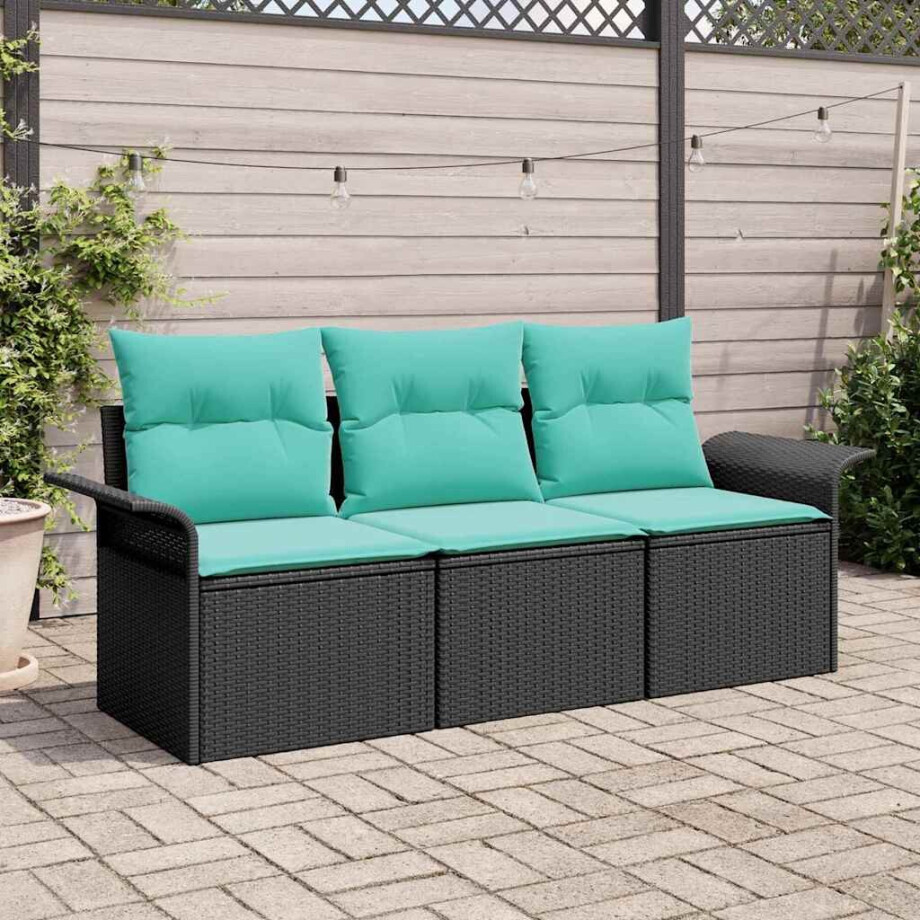 vidaXL Bankstel met kussen 3 pcs Zwart en Blauw poly rattan afbeelding 1
