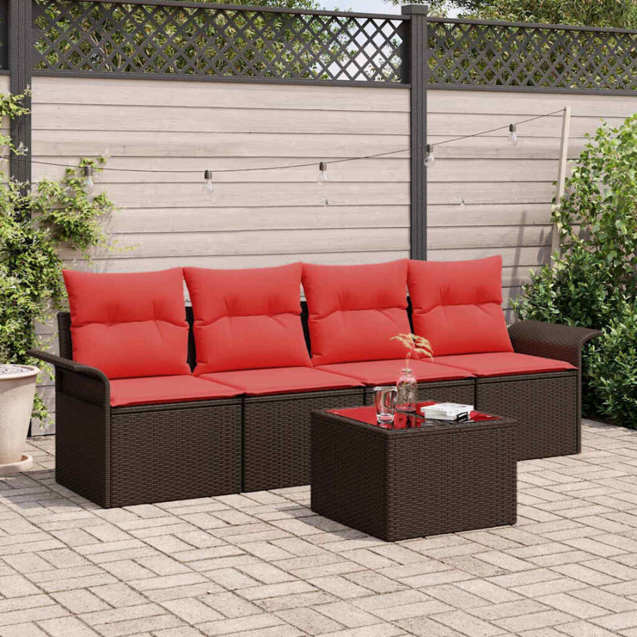 vidaXL Bankstel met kussen 5 pcs Bruin poly rattan vidaXL Bankstel met kussen 5 pcs Bruin poly rattan afbeelding 1