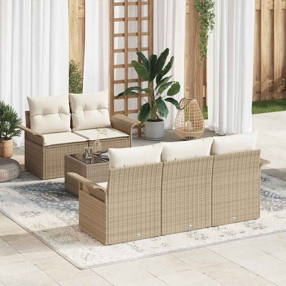 vidaXL Bankstel met kussen 6 pcs Beige poly rattan afbeelding 1