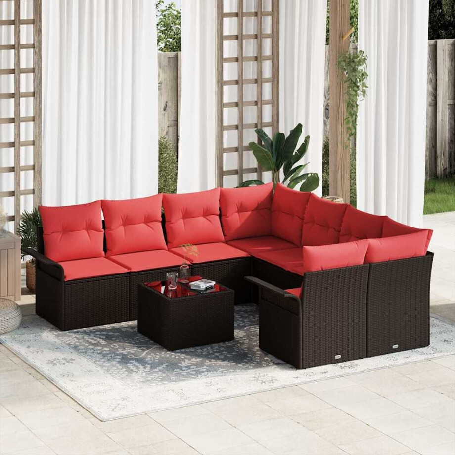 vidaXL Tuin Sofa Set met kussen 9 pcs Bruin en Rood poly rattan afbeelding 1