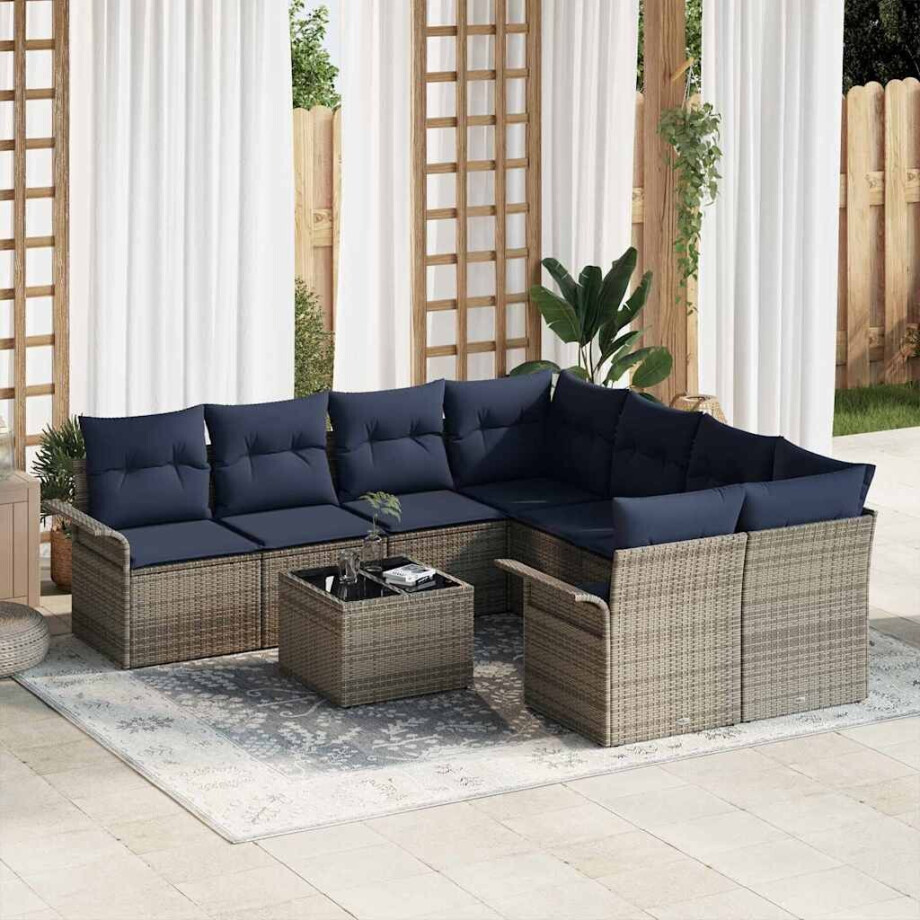 vidaXL Tuin Sofa Set met kussen 9 pcs Grijs en Marineblauw poly rattan afbeelding 1