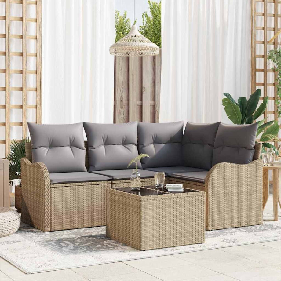 vidaXL Tuin Sofa Set met kussen 5 pcs Beige Poly riet afbeelding 1