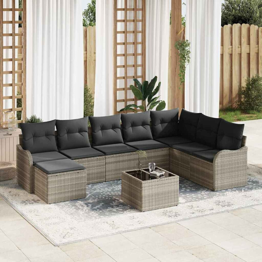 vidaXL Tuin Sofa Set met kussen 9 pcs Lichtgrijs Poly riet afbeelding 1