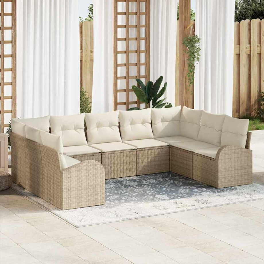 vidaXL Bankstel met kussen 9 pcs Beige Poly Rattan afbeelding 1