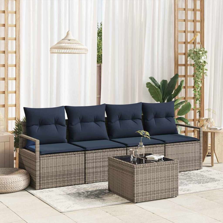 vidaXL Bankstel 5 pcs Grijs en Blauw poly rattan afbeelding 1