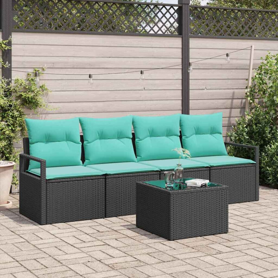 vidaXL Bankstel 5 pcs Zwart en Turquoise poly rattan afbeelding 1