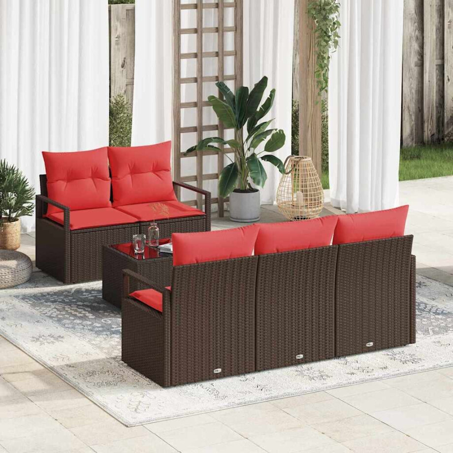 vidaXL Bankstel 6 pcs Bruin en Rood poly rattan afbeelding 1