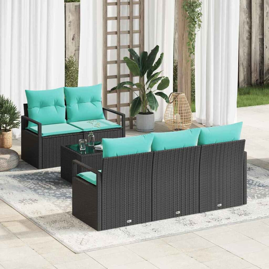 vidaXL Bankstel 6 pcs Zwart en Turquoise poly rattan afbeelding 1