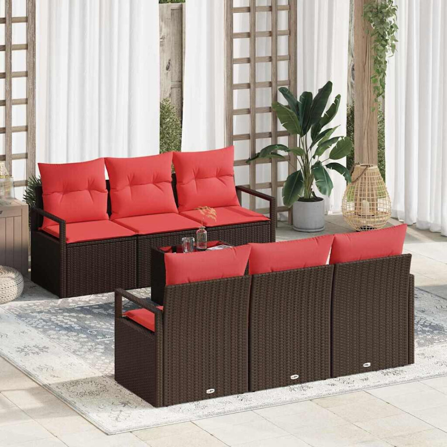 vidaXL Bankstel met kussen 7 pcs Bruin en Rood poly rattan afbeelding 1