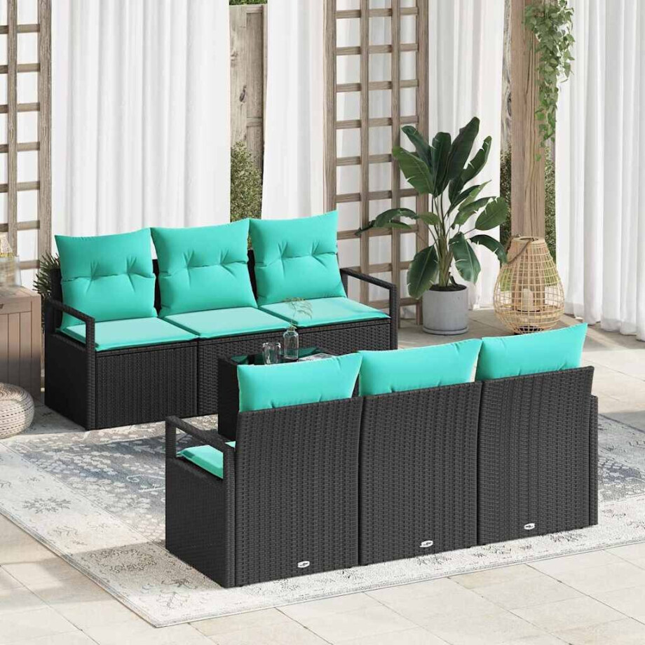 vidaXL Bankstel met kussen 7 pcs Zwart en Turquoise poly rattan afbeelding 1