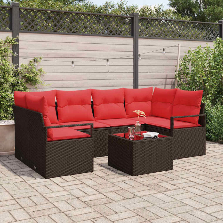 vidaXL Bankstel 7 pcs Bruin en Rood poly rattan afbeelding 1