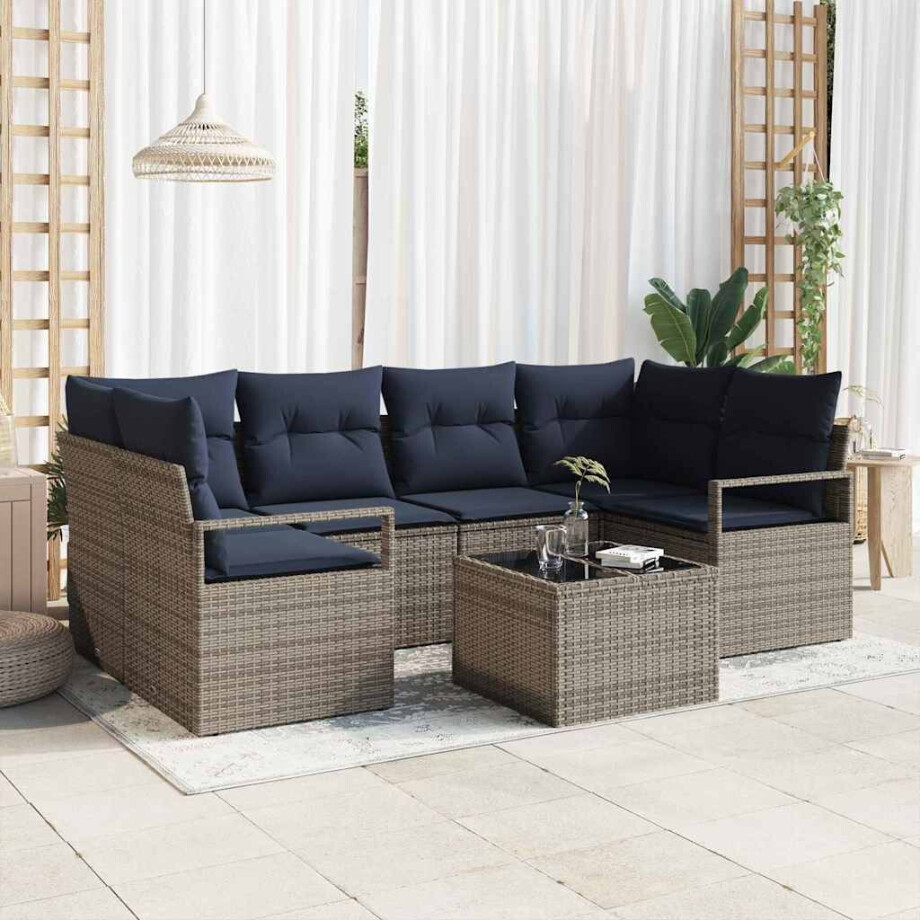 vidaXL Bankstel 7 pcs Grijs en Blauw poly rattan afbeelding 1