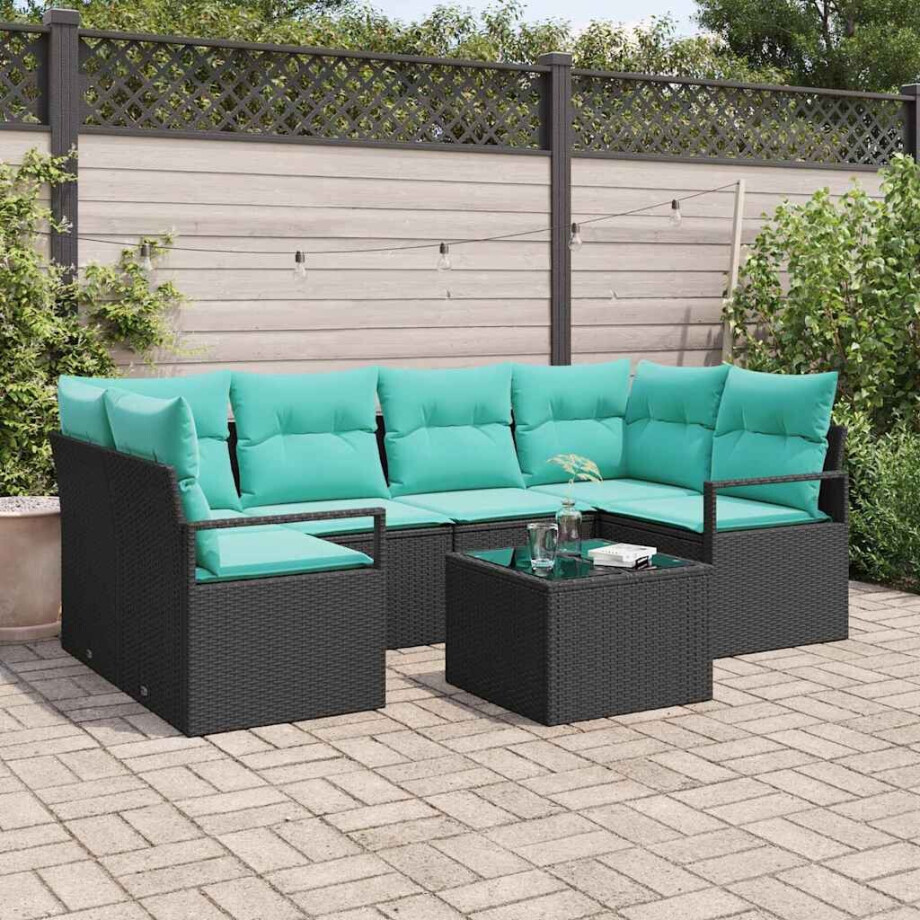 vidaXL Bankstel 7 pcs Zwart en Blauw poly rattan afbeelding 1