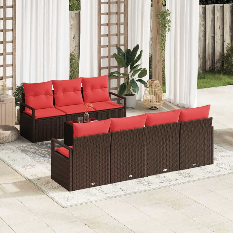 vidaXL Bankstel met kussen 8 pcs Bruin en Rood poly rattan afbeelding 1