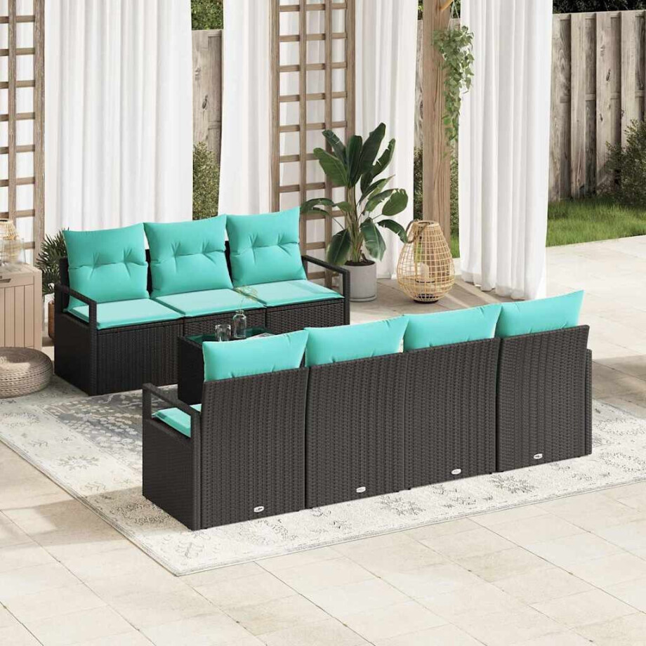 vidaXL Bankstel met kussen 8 pcs Zwart en Turquoise poly rattan afbeelding 1