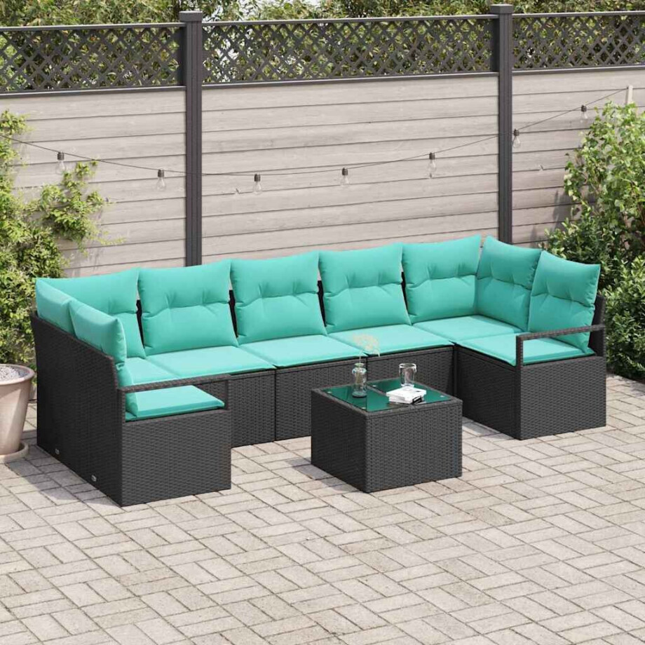 vidaXL Bankstel 8 pcs Zwart en Turquoise poly rattan afbeelding 1