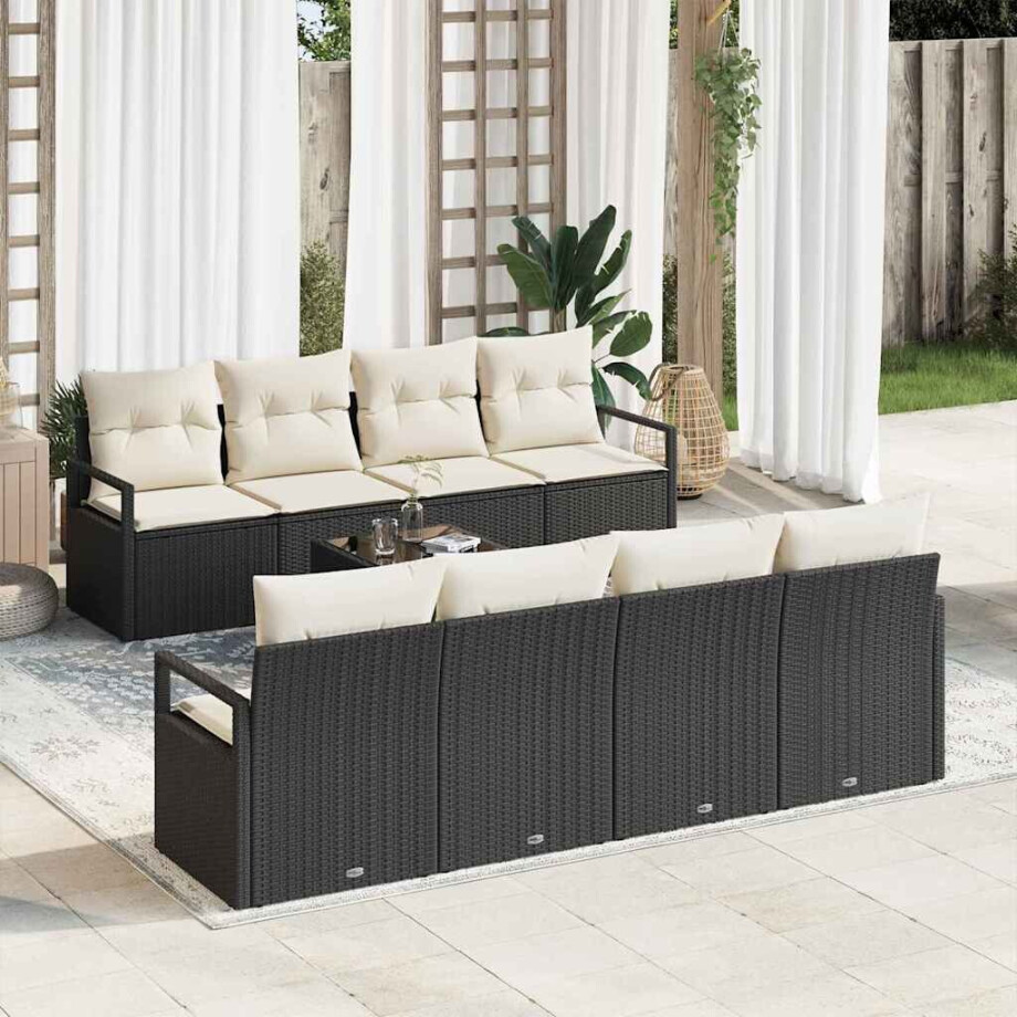 vidaXL Bankstel met kussen 7 pcs Zwart en Crème poly rattan afbeelding 1