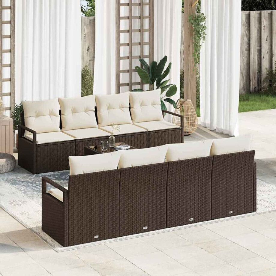 vidaXL Bankstel met kussen 7 pcs Bruin en Crème poly rattan afbeelding 1