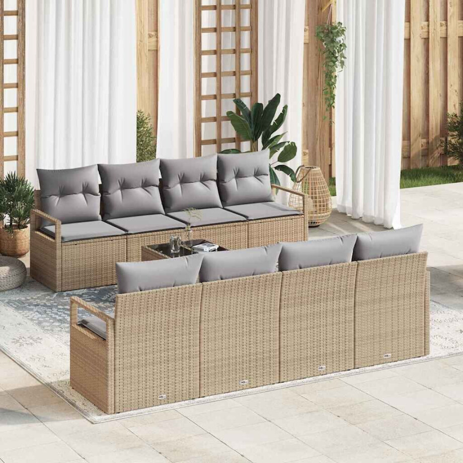 vidaXL Bankstel met kussen 7 pcs Beige en Grijs poly rattan afbeelding 1