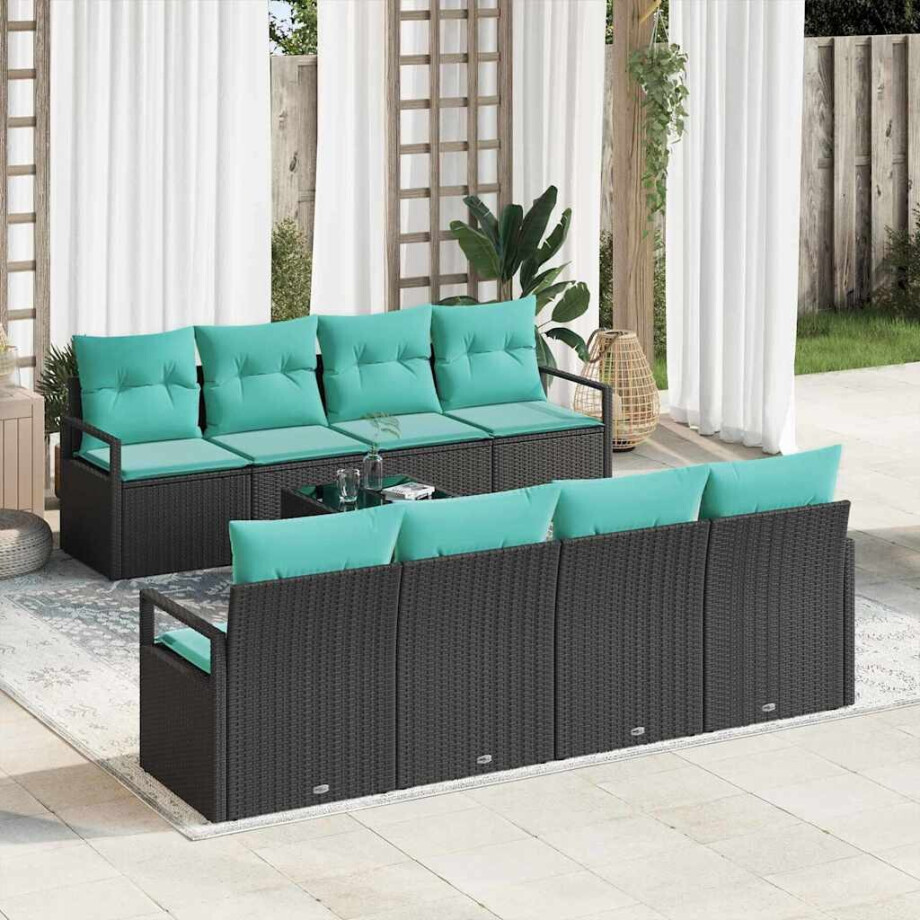 vidaXL Bankstel met kussen 7 pcs Zwart en Lichtblauw poly rattan vidaXL Bankstel met kussen 7 pcs Zwart en Lichtblauw poly rattan afbeelding 1