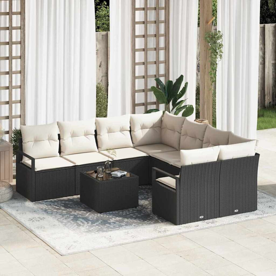 vidaXL Bankstel met kussen 9 pcs Zwart en Crème poly rattan afbeelding 1