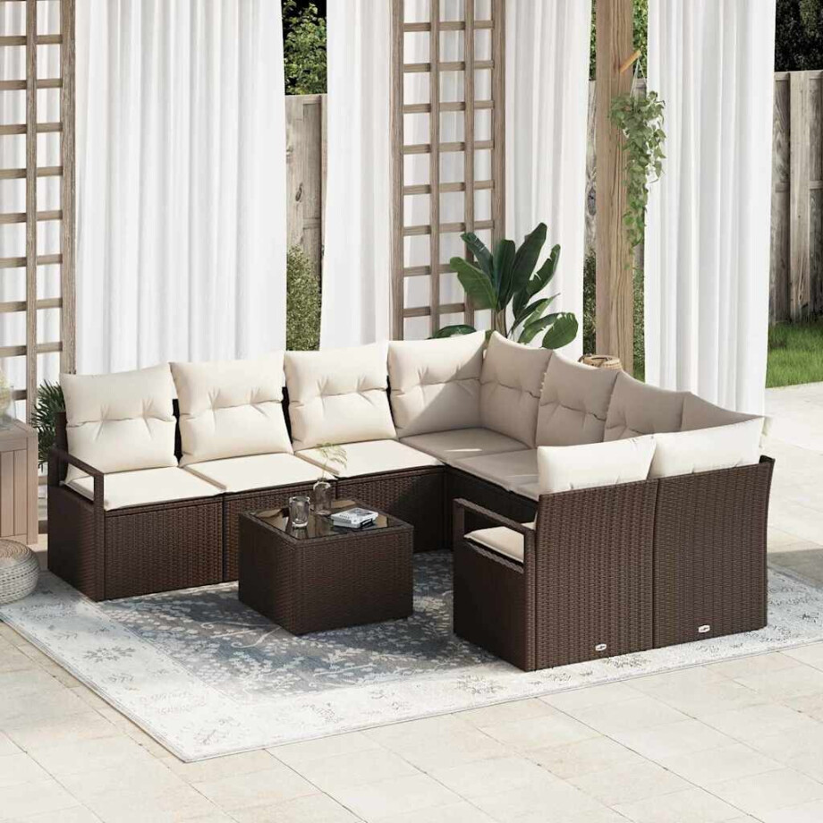 vidaXL Bankstel met kussen 9 pcs Bruin en Crème poly rattan afbeelding 1