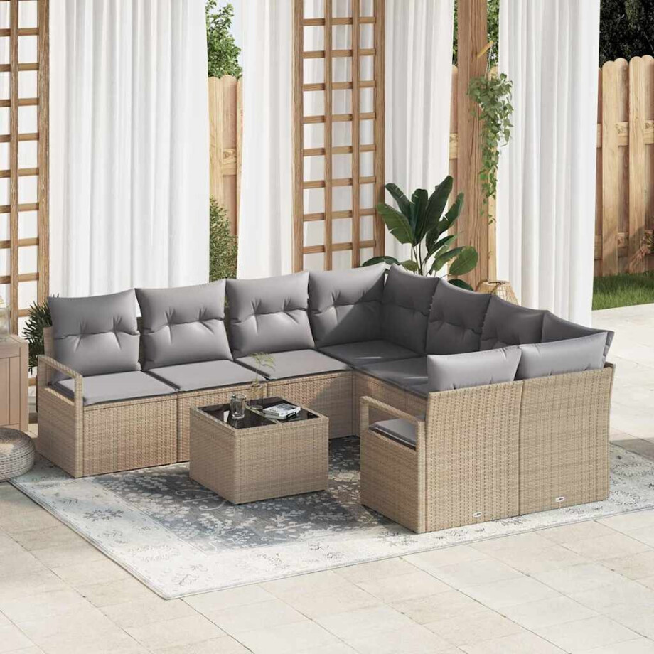 vidaXL Bankstel met kussen 9 pcs Beige en Grijs poly rattan afbeelding 1