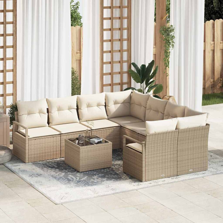 vidaXL Bankstel met kussen 9 pcs Beige en Crème poly rattan afbeelding 1