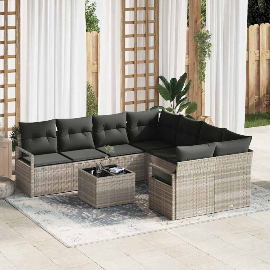 vidaXL Bankstel met kussen 9 pcs Lichtgrijs en zwart poly rattan afbeelding 1