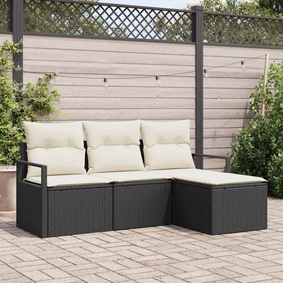 vidaXL Bankstel met kussen 4 pcs Zwart poly rattan afbeelding 1